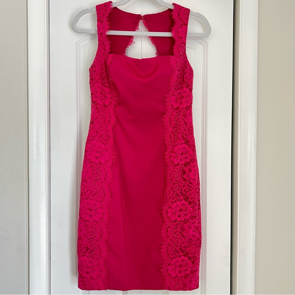 Aidan Mattox hot pink sheath dress with lace panels size 2